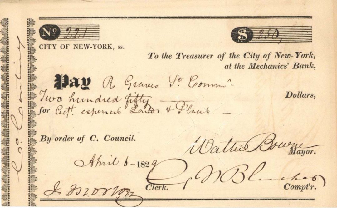 Walter Bowne signed City of New-York Mechanics Bank Check -  1829 dated Autographed Check