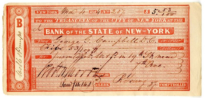Bank of the State of New-York signed by Robert H. Morris - Autographed Check