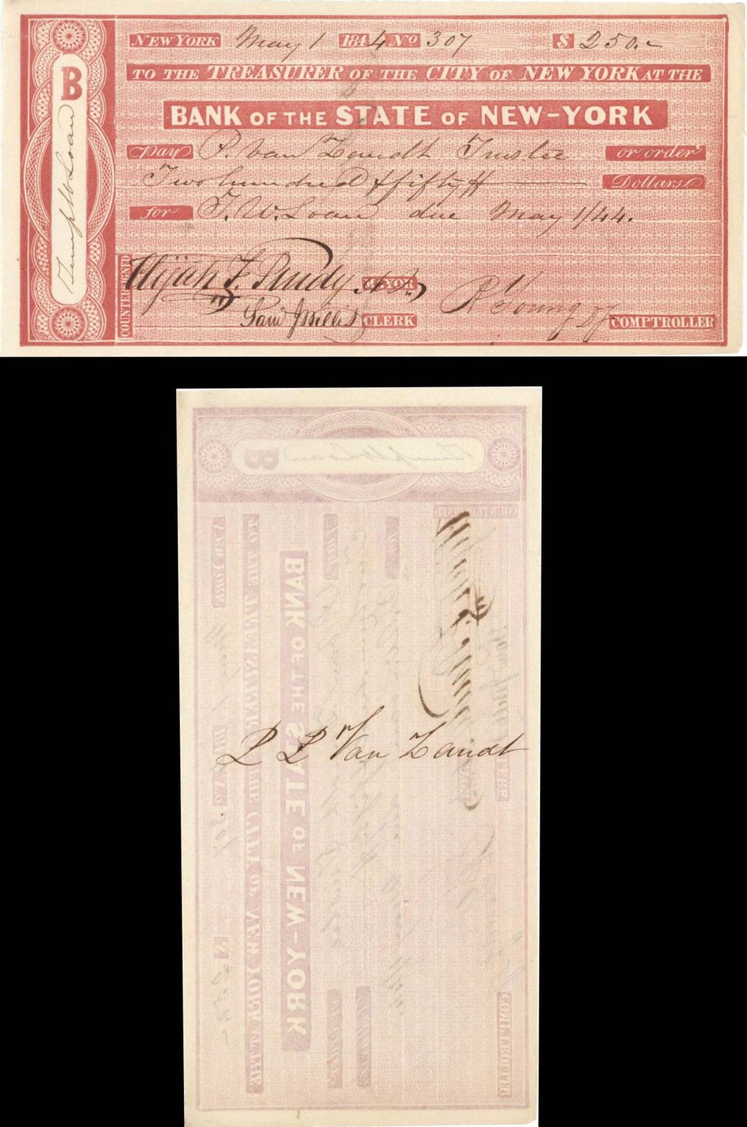 Bank of the State of New-York signed by Elijah F. Purdy -  1844 dated Autographed Check