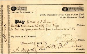 City of New-York at the Mechanics' Bank signed by Mayor William Paulding, Jr. -  Autographed Check