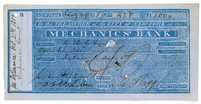 City of New-York at the Mechanics' Bank signed by Jacob A. Westervelt - Autographed Check