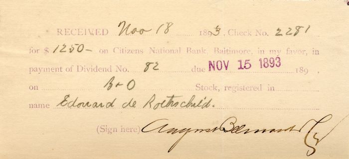 Baltimore and Ohio Receipt signed by August Belmont Co. - Mentions Edouard De Rothschild