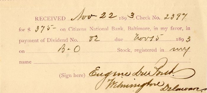 Baltimore and Ohio Receipt signed by Eugene du Pont - Autographs