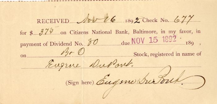 Baltimore and Ohio Receipt signed by Eugene du Pont - Autographs