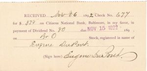 Baltimore and Ohio Receipt signed by Eugene du Pont - 1892 dated Autograph