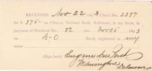 Baltimore and Ohio Receipt signed by Eugene du Pont - 1893 dated Autograph