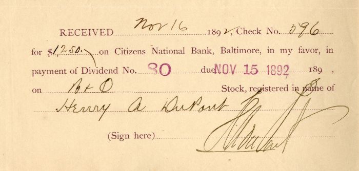 Baltimore and Ohio Receipt signed by Henry A. du Pont - Autographs