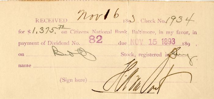 Baltimore and Ohio Receipt signed by Henry A. du Pont - Autographs