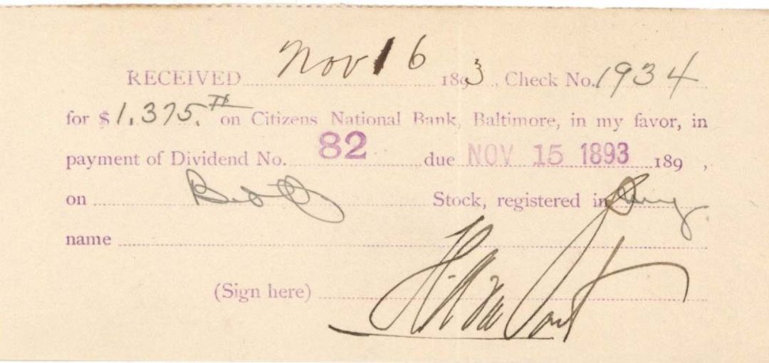 Baltimore and Ohio Receipt signed by Henry A. du Pont - 1893 dated Autograph