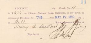 Citizens National Bank Receipt signed by Henry A. du Pont - Autographs