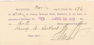 Baltimore and Ohio Receipt signed by Henry A. du Pont - 1892 dated Autograph