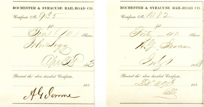 Pair of Rochester and Syracuse Rail-Road Stub signed by A.G. Jerome - Autographs