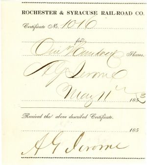 Rochester and Syracuse Rail-Road Stub issued to and signed by A.G. Jerome - Autographs