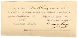 Baltimore and Ohio Receipt signed by Russell Sage - Autographs