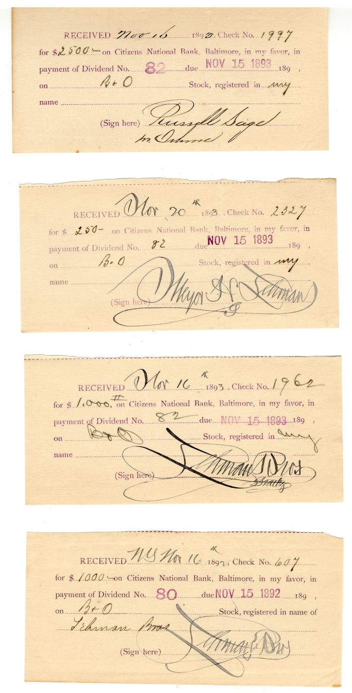 Lot of Baltimore and Ohio Receipts mentioning Famous People - Dated between 1892 & 1893