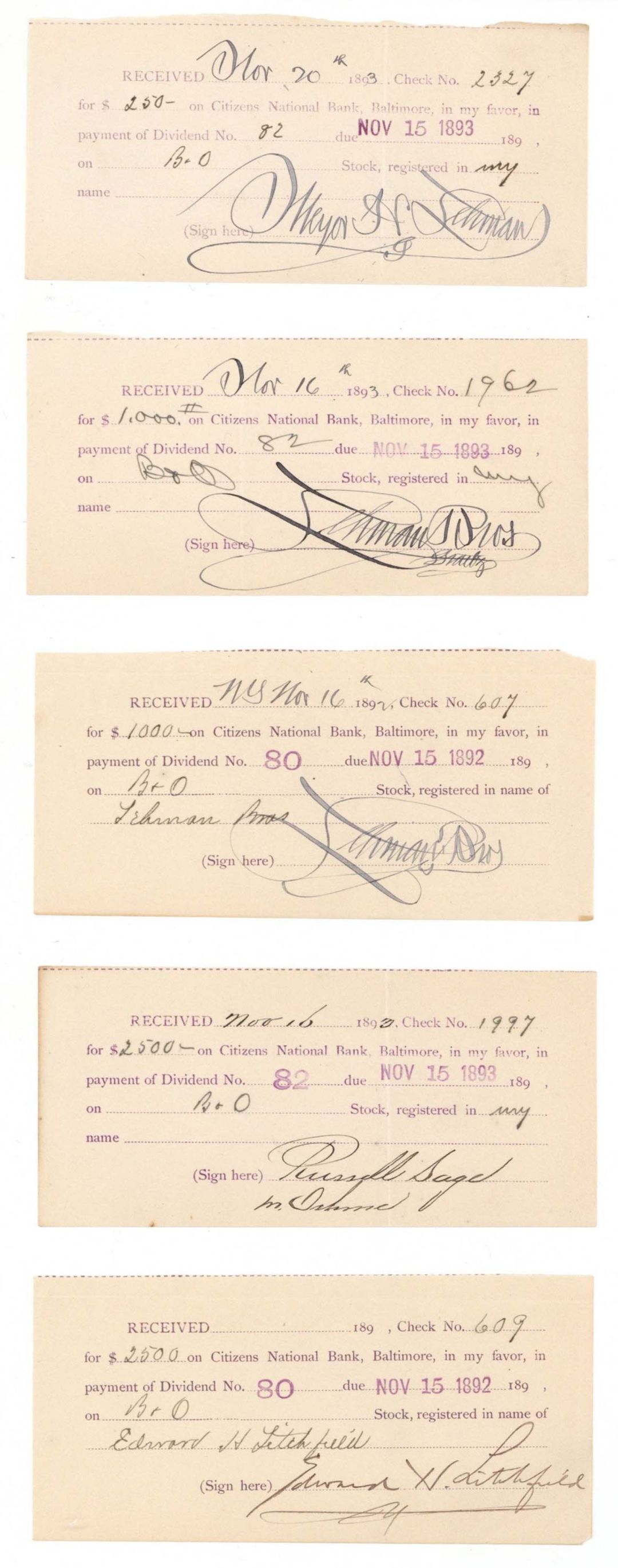 Lot of Baltimore and Ohio Receipts mentioning Famous People - Dated between 1892 & 1893