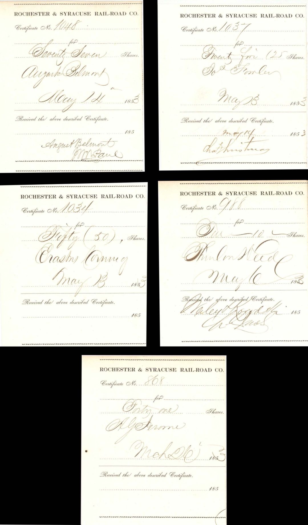 Rochester and Syracuse Railroad Co. stubs signed by 5 famous people - Group of 5 1853 dated Stock Stubs