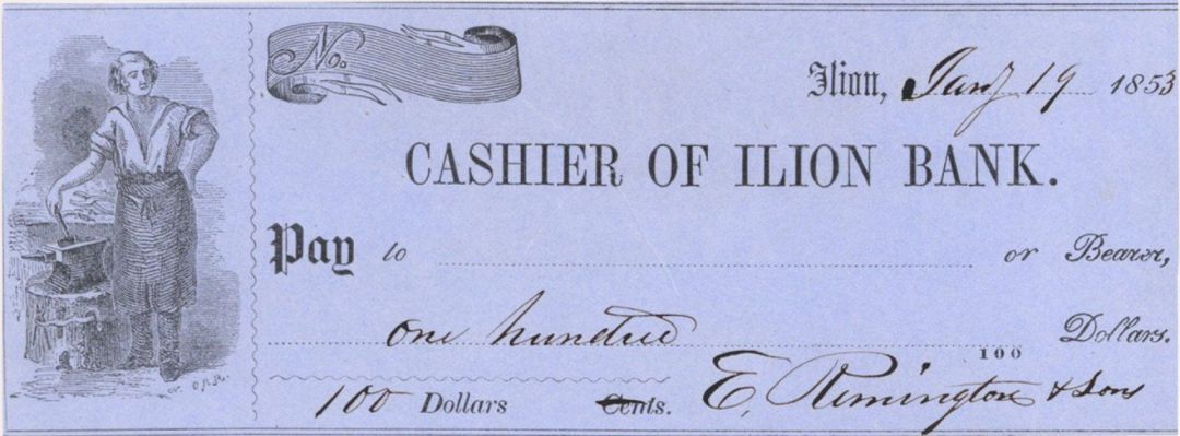 Unissued Cashier of Ilion Check signed by E. Remington, Jr. -  1853 dated Autographed Check