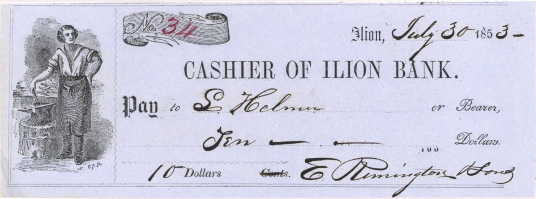 Cashier of Ilion Bank Check signed by E. Remington, Jr. - 1853 dated Autographed Check