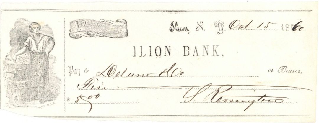 Ilion Bank Check signed by Samuel Remington - 1860 dated Autographed Check