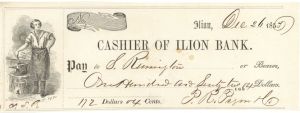 Cashier of Ilion Bank Check Issued to Samuel Remington - 1853 dated Check