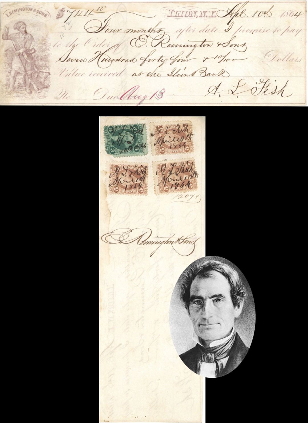 Check Issued to E. Remington & Sons and signed by E. Remington III - 1864 dated Autographed Check