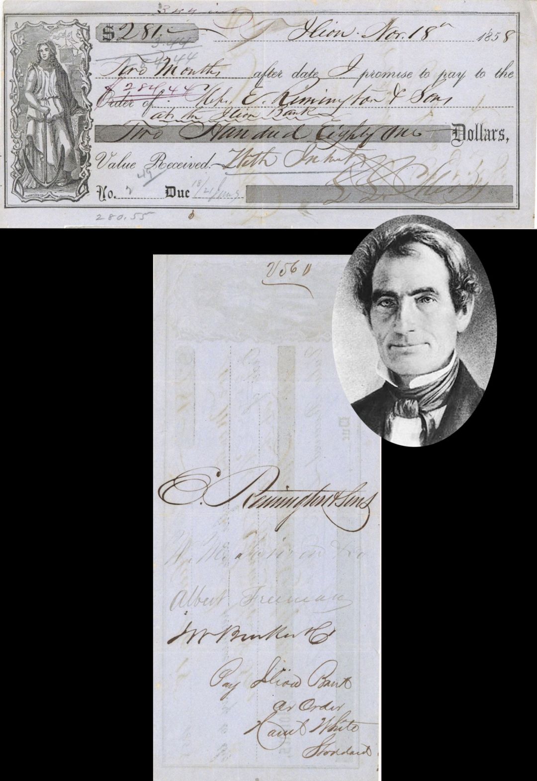 Check signed by E. Remington, Jr. for company - 1858 dated Autographed Check