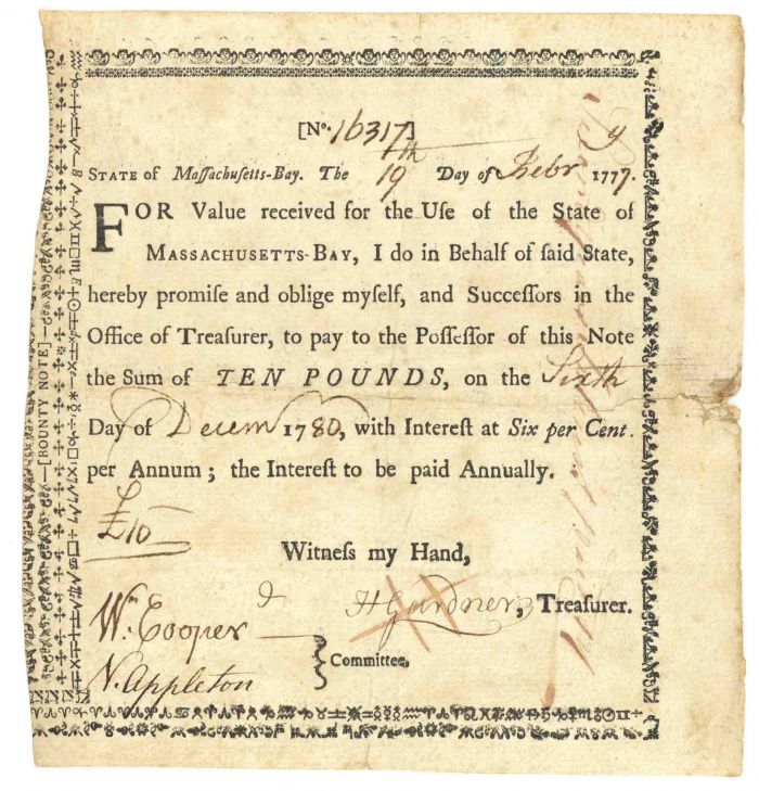 Paul Revere signed Revolutionary War Debt Bond Certificate - State of Massachusetts Bay February 19, 1777