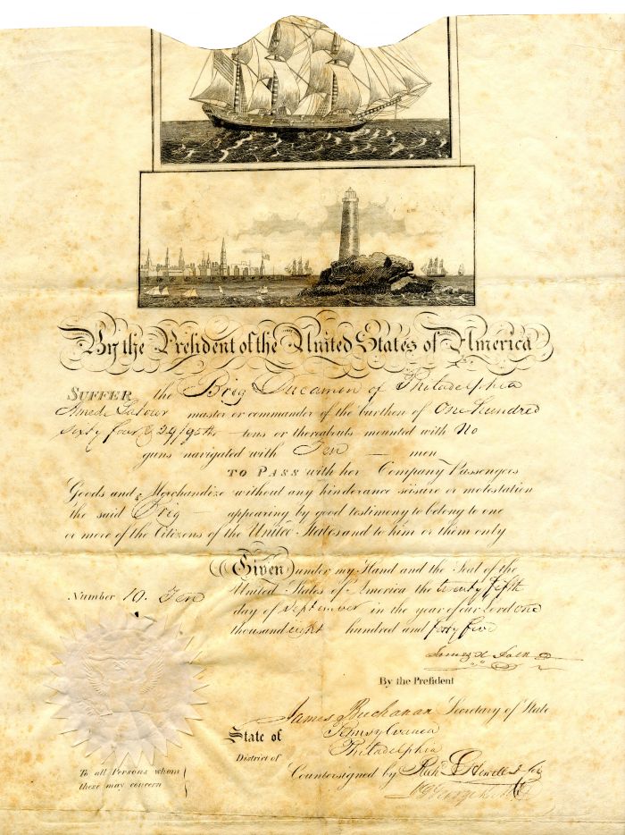 Ships Passport signed by Polk and Buchanan - Autographs