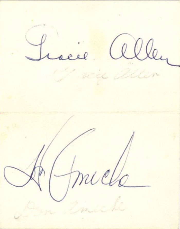 Card signed by Don Ameche and Gracie Allen - Autograph