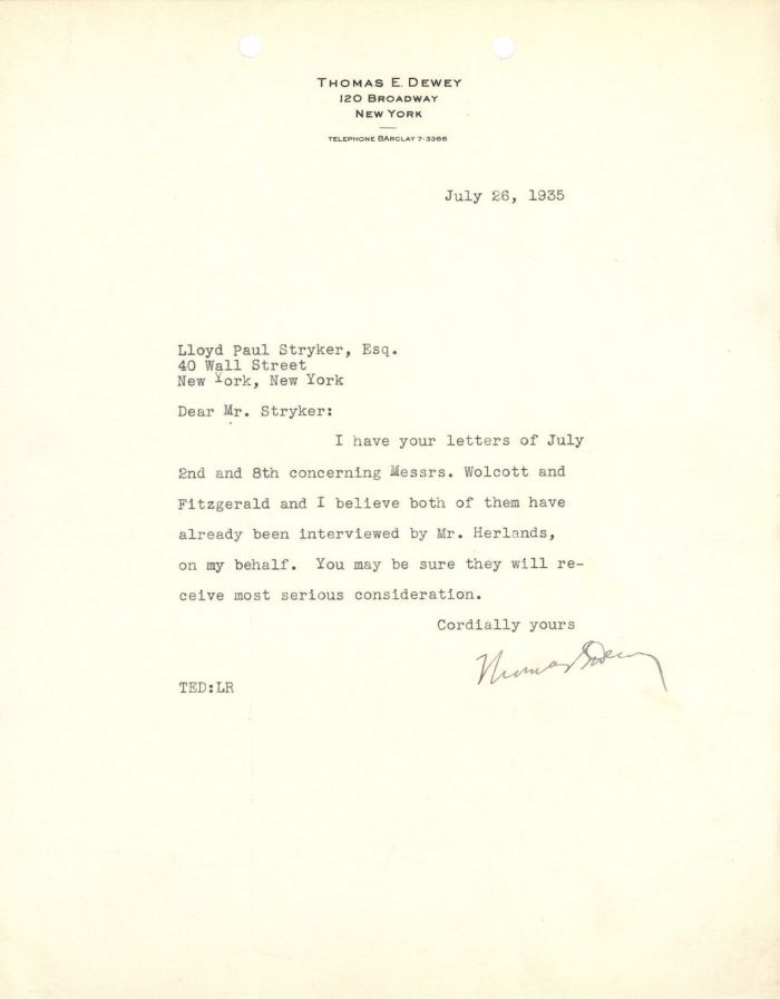 Typed Letter signed by Thomas E. Dewey - Autograph