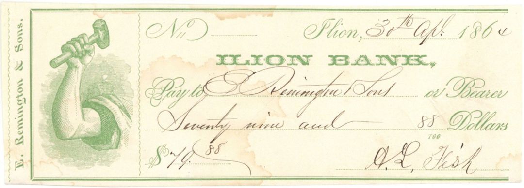 Ilion Bank Check issued to E. Remington & Sons - 1864 dated Check