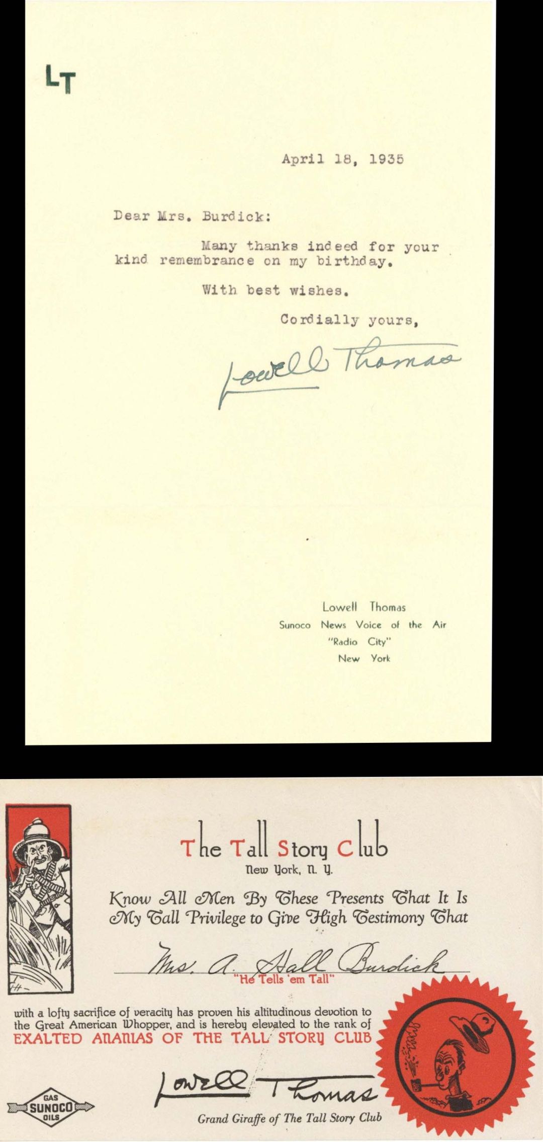 Typed Letter and Card signed by Lowell Thomas - 1935 dated Autographs