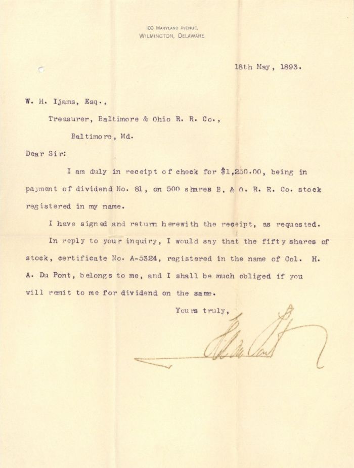 Letter signed by Henry A. du Pont - Autographs