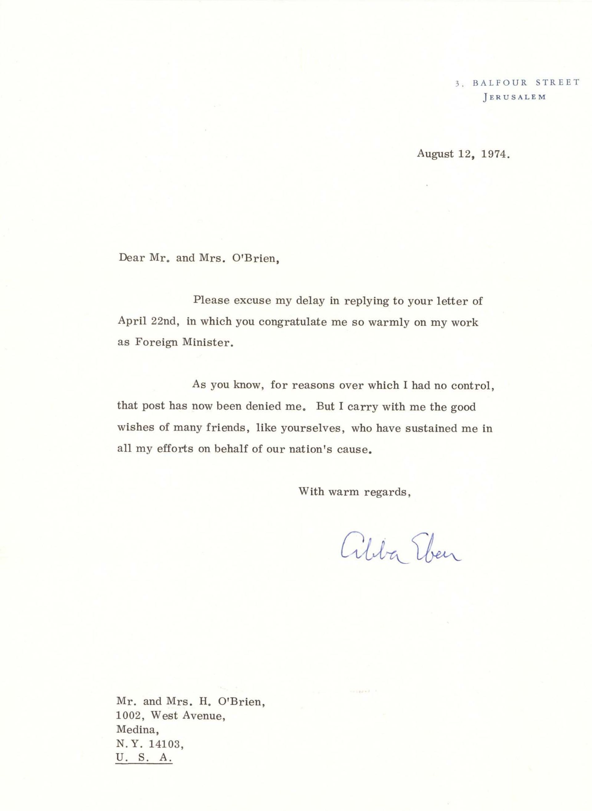 Letter signed by Abba Eben - Autographs