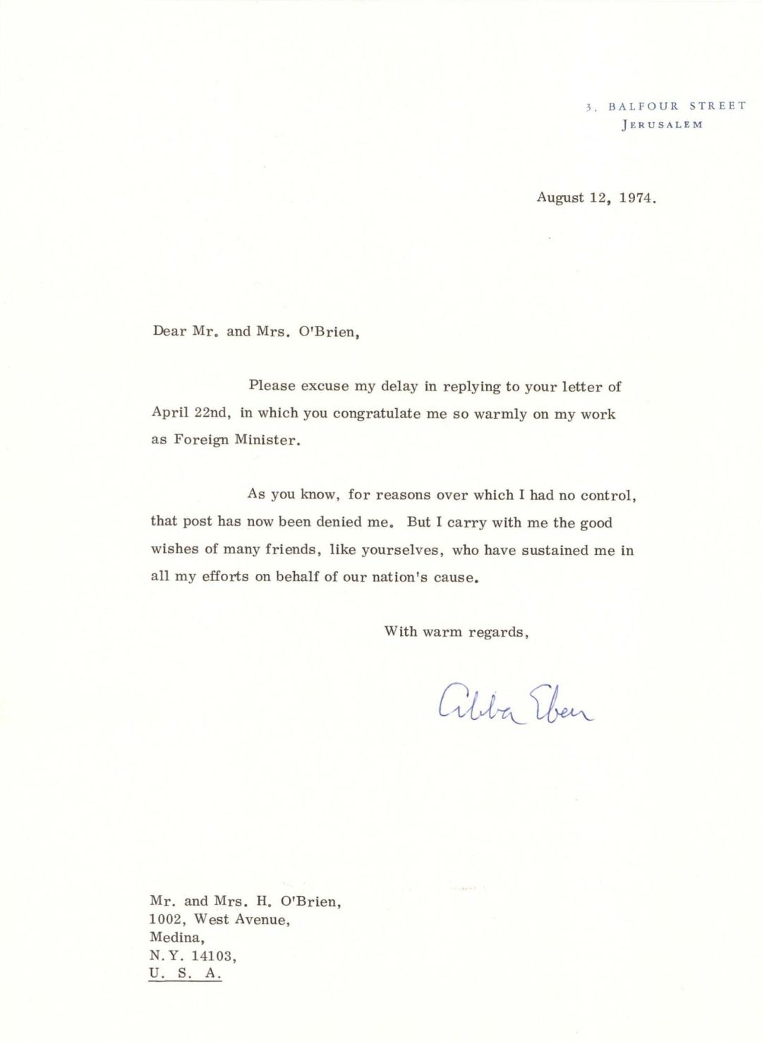 Letter signed by Abba Eben - 1974 dated Autograph