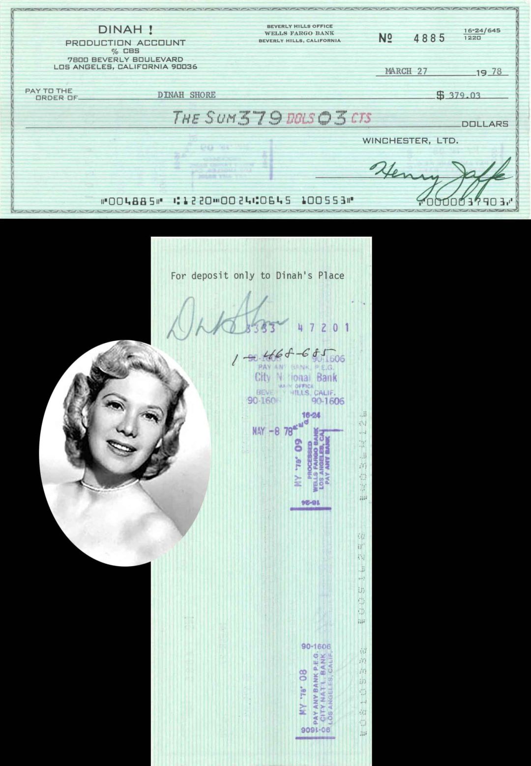 Dinah Shore endorsed Check - 1978 Autographed Check