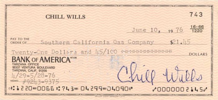 Chill Wills signed Check