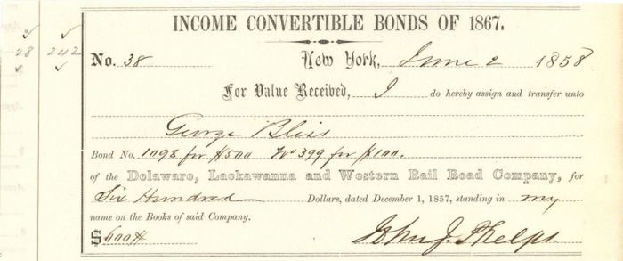 Delaware, Lackawanna and Western Rail Road Co. signed by John J. Phelps - Bond Receipt