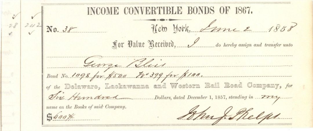 Delaware, Lackawanna and Western Rail Road Co. Transfer signed by John J. Phelps - 1858 or 1860 dated Bond Receipt
