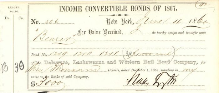 Delaware, Lackawanna and Western Rail Road Co. signed by Moses Taylor - Bond Receipt