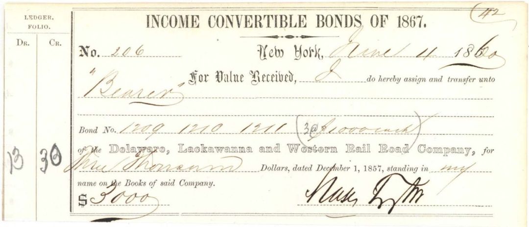 Delaware, Lackawanna and Western Rail Road Co. signed by Moses Taylor - 1860 dated Bond Receipt