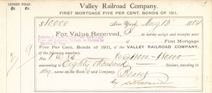 Valley Railroad Co. Issued to Moses Taylor Family - Bond Receipt