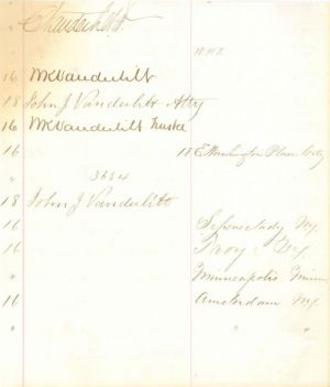 3 Different Vanderbilts Sign Ledger Sheet - 5 Autographs - Cornelius Vanderbilt II, William K. Vanderbilt and John J. Vanderbilt