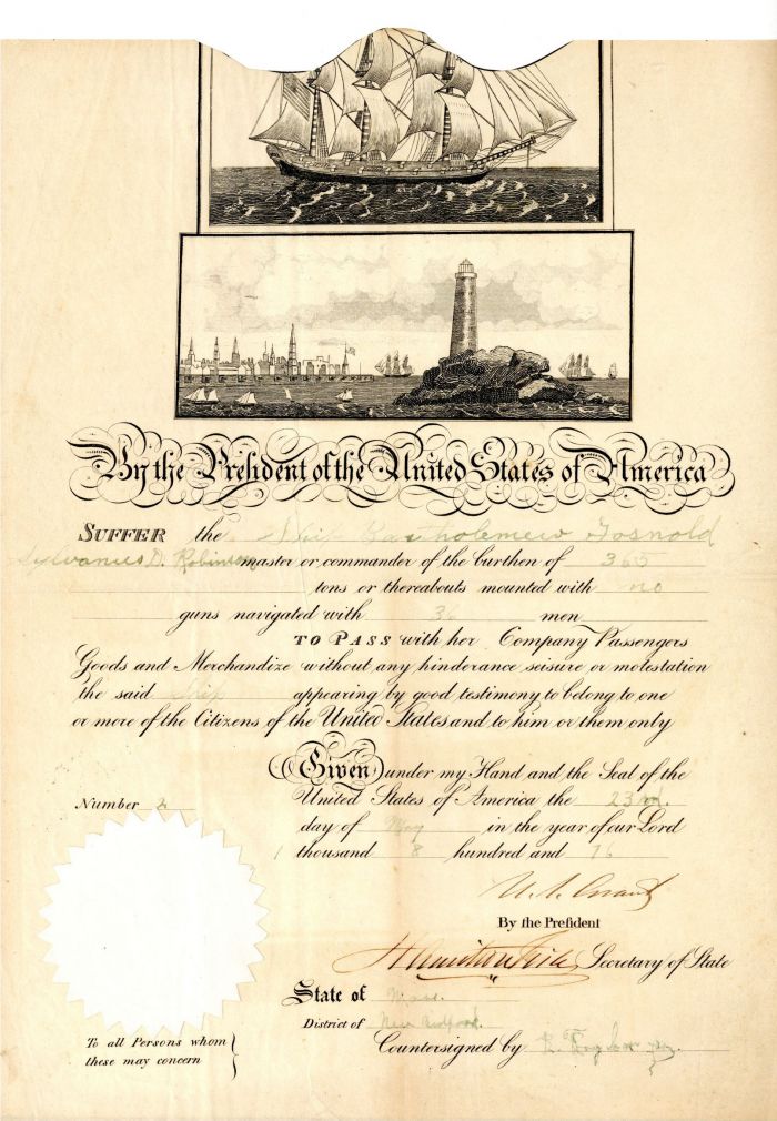 Shipping Pass signed by U.S. Grant and Hamilton Fish - Autograph