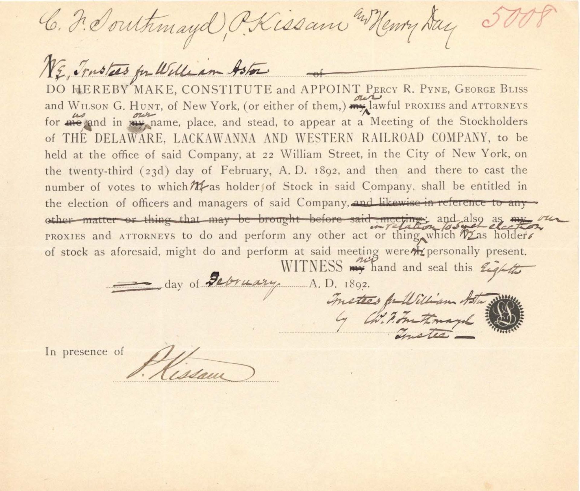 Appointment Issued to Wm. Astor Estate - Autograph