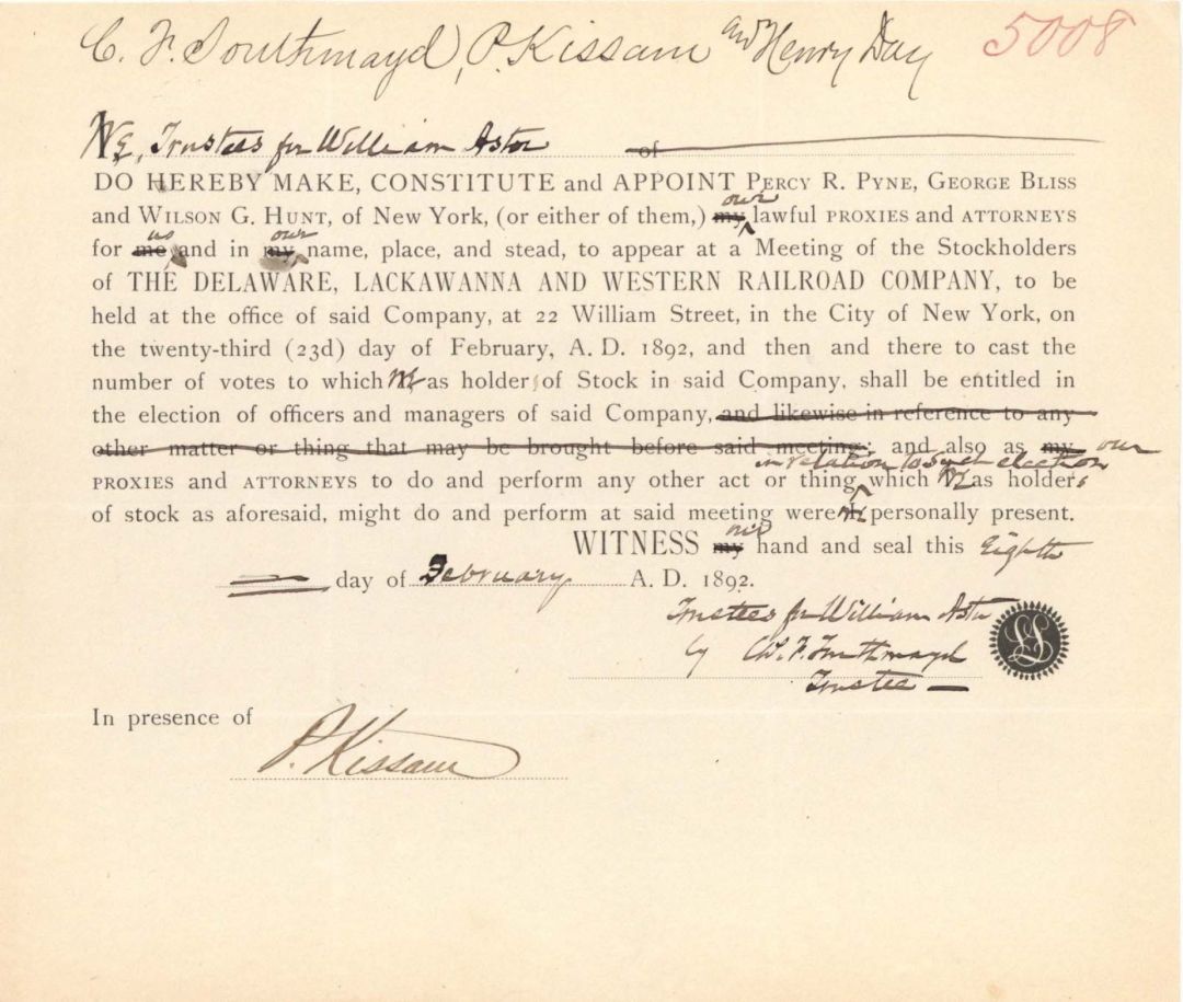 Appointment Issued to William Astor Estate - 1892 dated Autographed Appointment