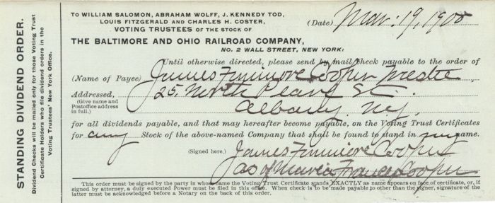 Dividend Order Signed by Relative of James Fenimore Cooper - Maria Frances Cooper