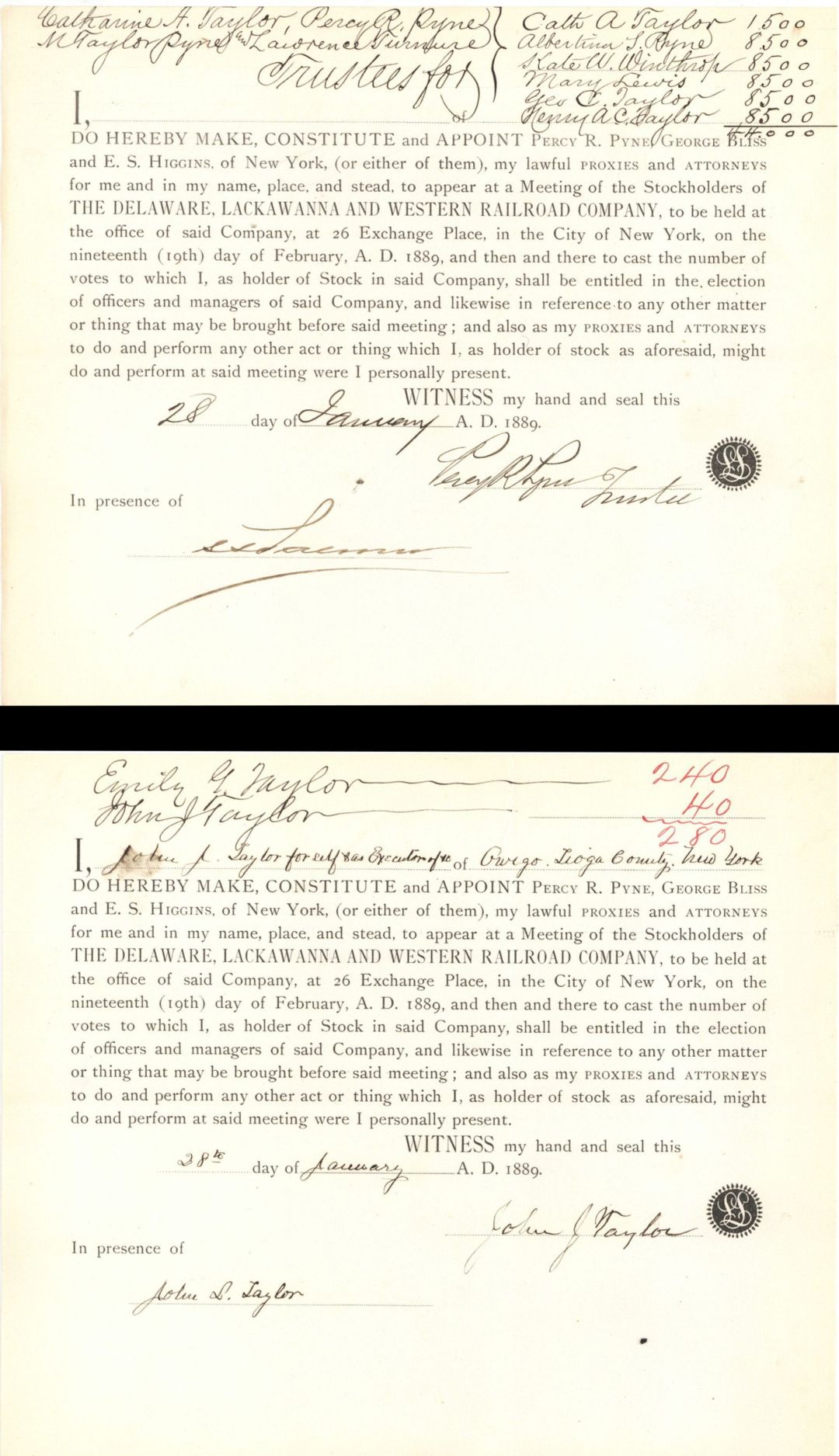 Delaware, Lackawanna and Western Railroad Co. Appointments signed by The Taylor and Pyne Families - Group of 28 1888-1889 dated Autograph
