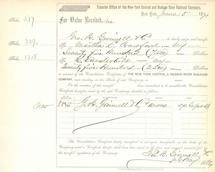 Transfer to Cornelius Vanderbilt - Autographs